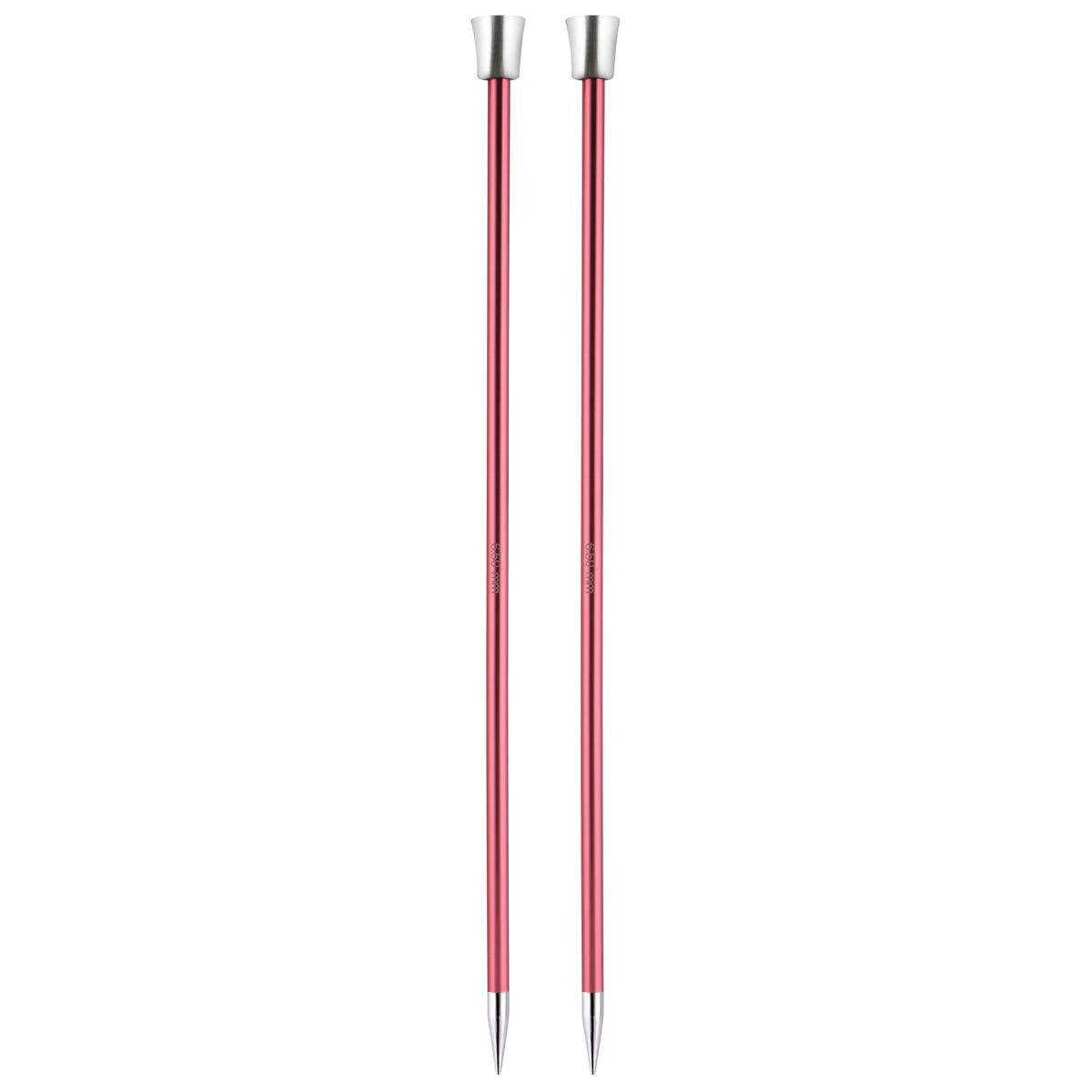 Pair of KnitPro Zing 6.5mm single-ended aluminium knitting needles with silver tips