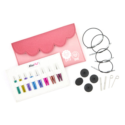 KnitPro Zing mini interchangeable needle set in a pink fabric case