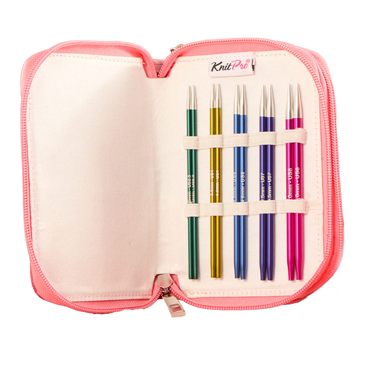 KnitPro Zing interchangeable circular needle starter set in a pink zipped case