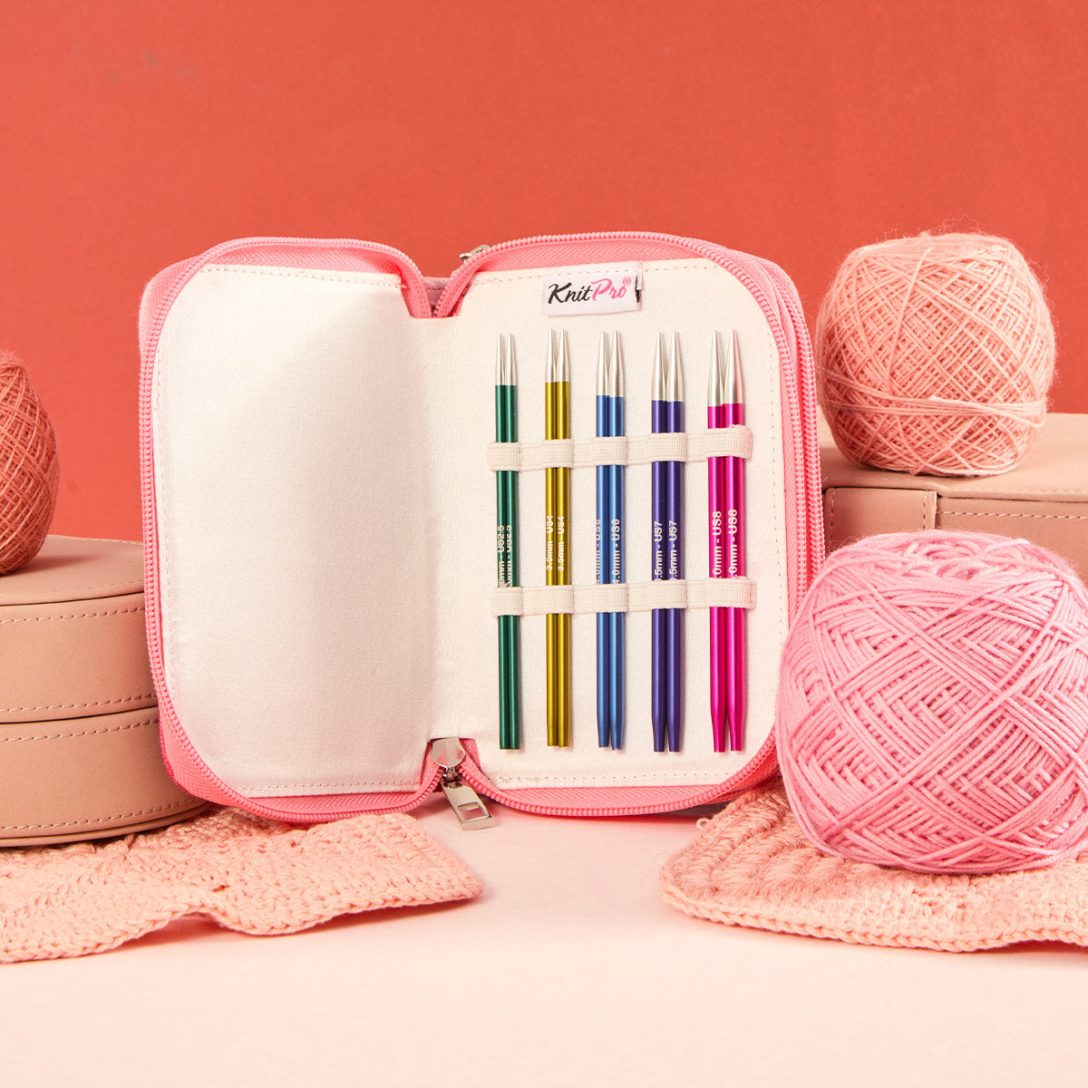 KnitPro Zing interchangeable circular needle starter set in a pink zipped case