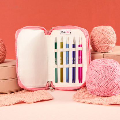 KnitPro Zing interchangeable circular needle starter set in a pink zipped case