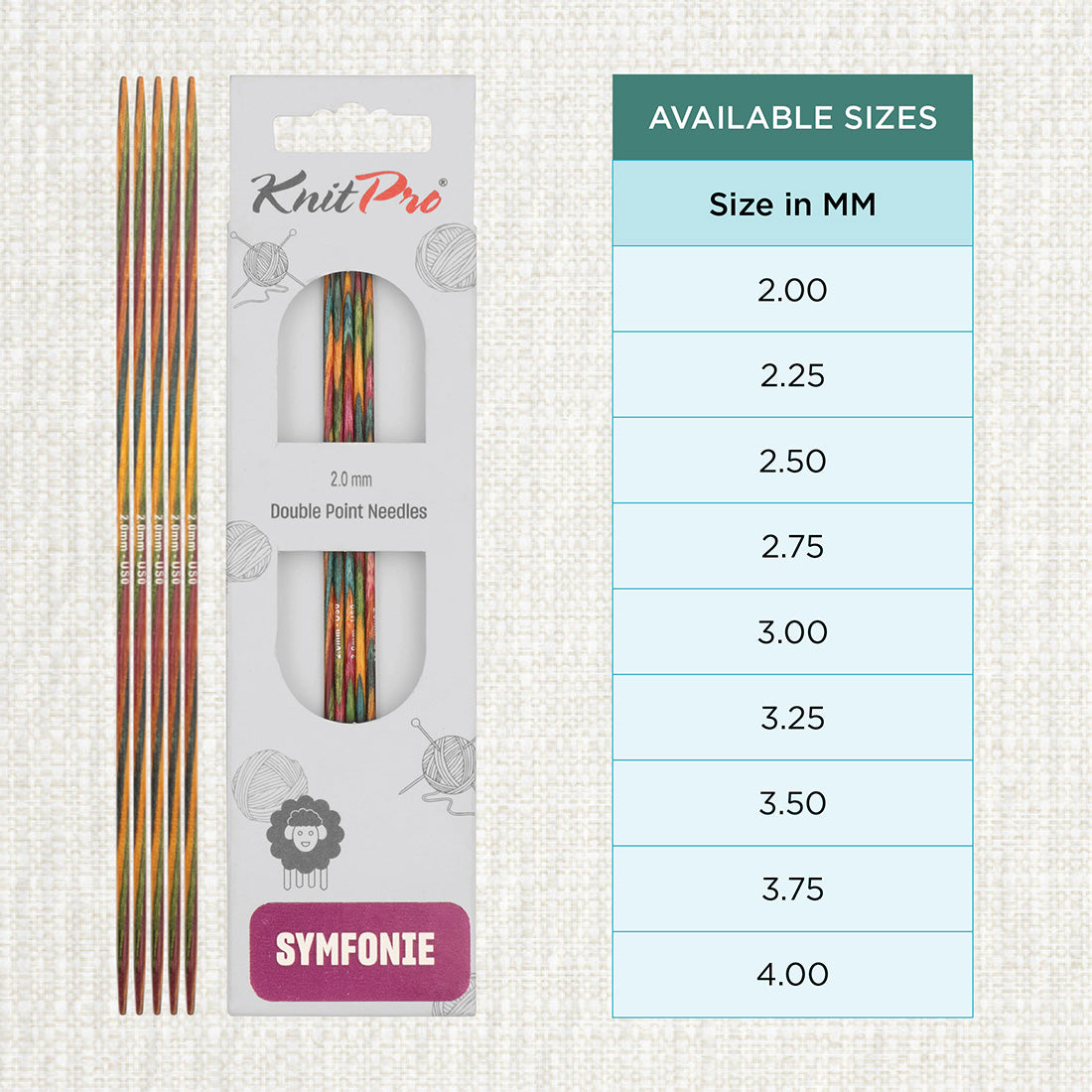 Set of 5 KnitPro Symfonie 2.00mm wooden double pointed needles