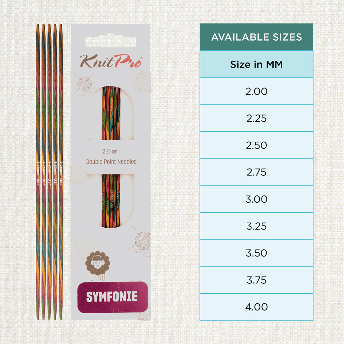 Set of 5 KnitPro Symfonie 2.25mm wooden double pointed needles