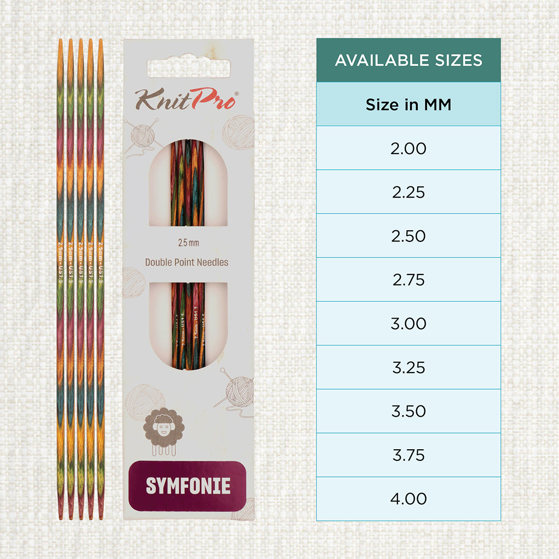 Set of 5 KnitPro Symfonie 2.50mm wooden double pointed needles