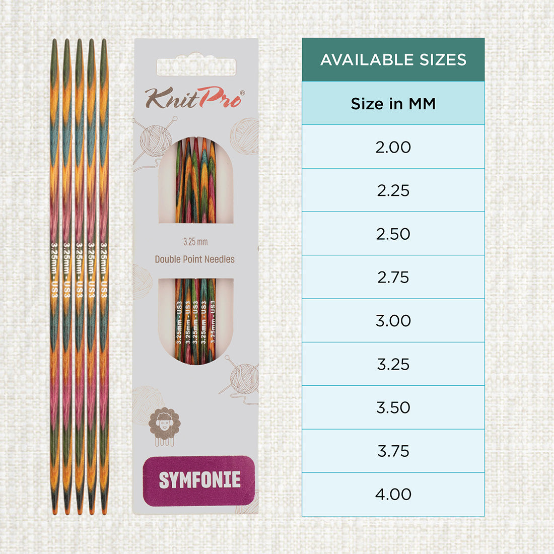 Set of 5 KnitPro Symfonie 3.25mm wooden double pointed needles