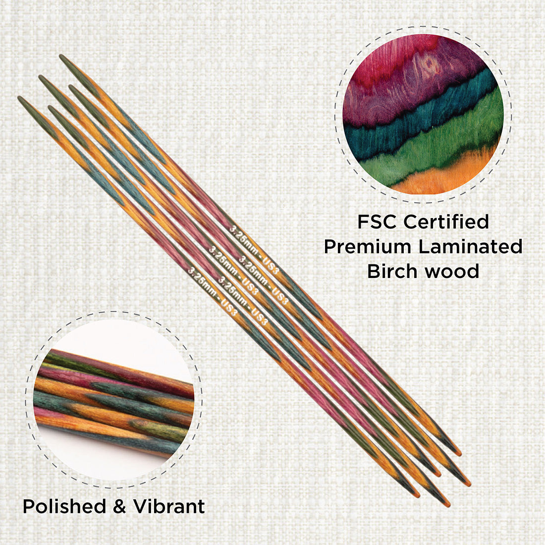 Set of 5 KnitPro Symfonie 3.25mm wooden double pointed needles