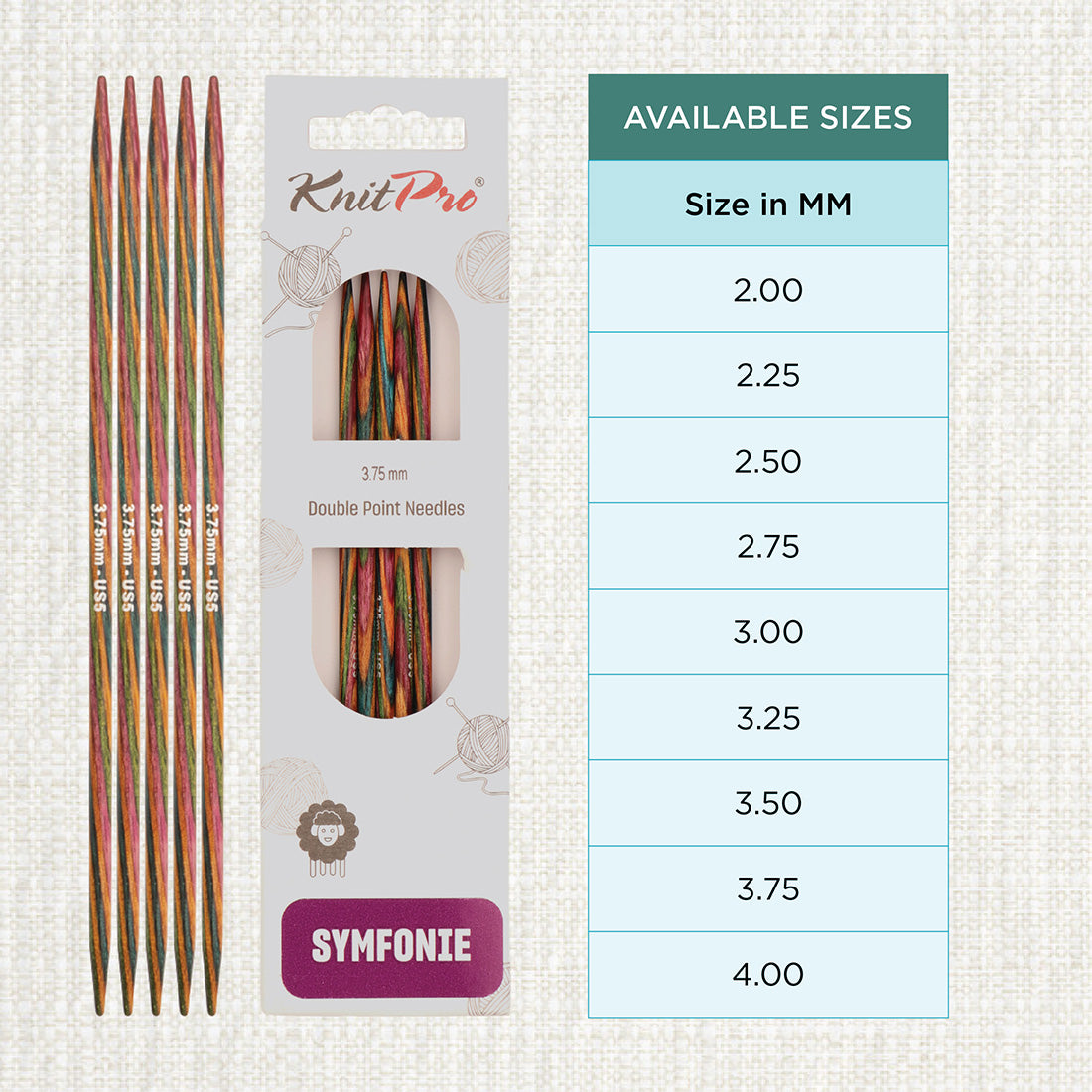 Set of 5 KnitPro Symfonie 3.75mm wooden double pointed needles