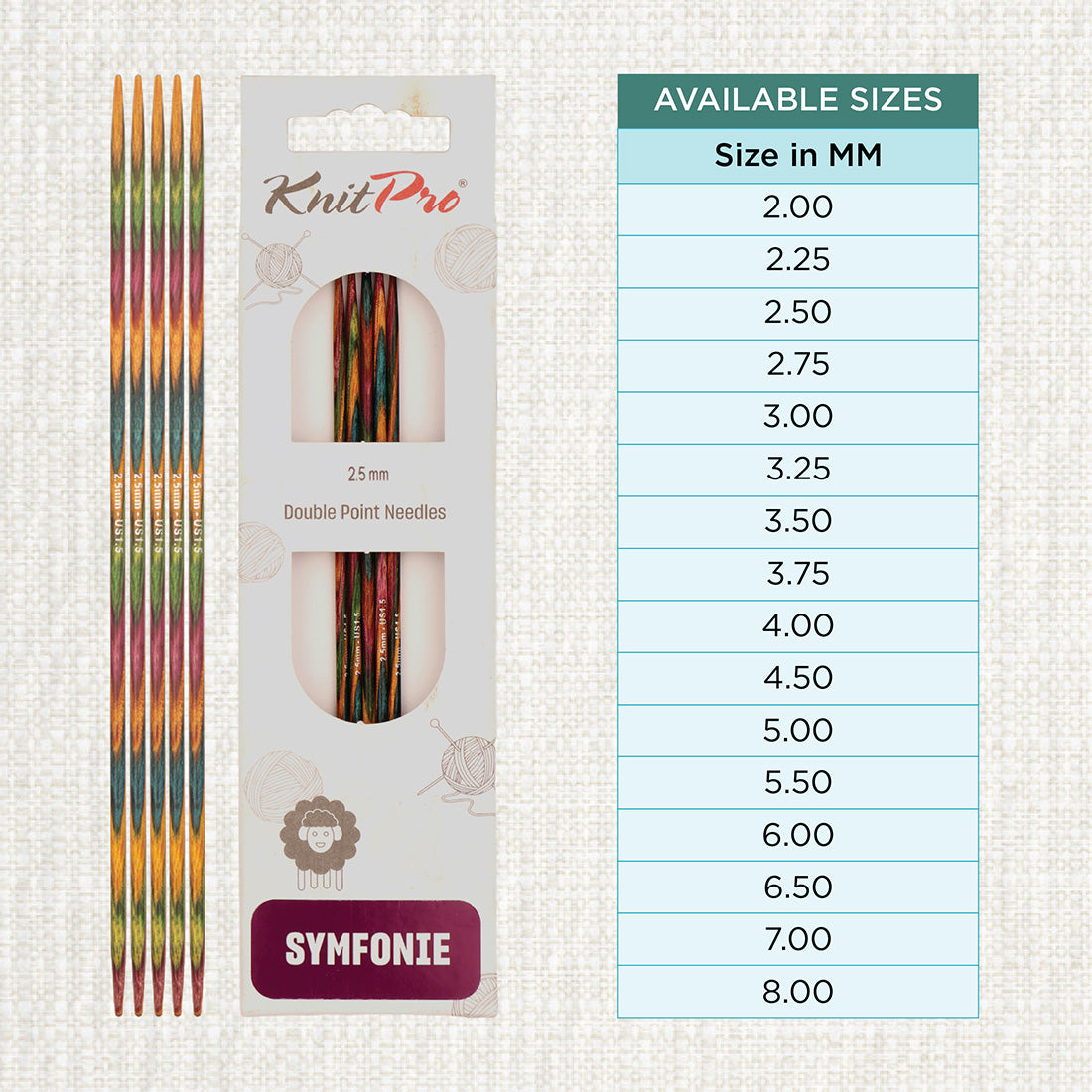 Set of 5 KnitPro Symfonie 2.50mm wooden double pointed needles