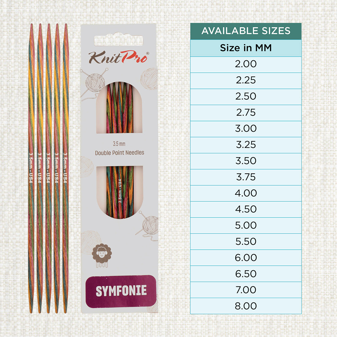 Set of 5 KnitPro Symfonie 3.50mm wooden double pointed needles