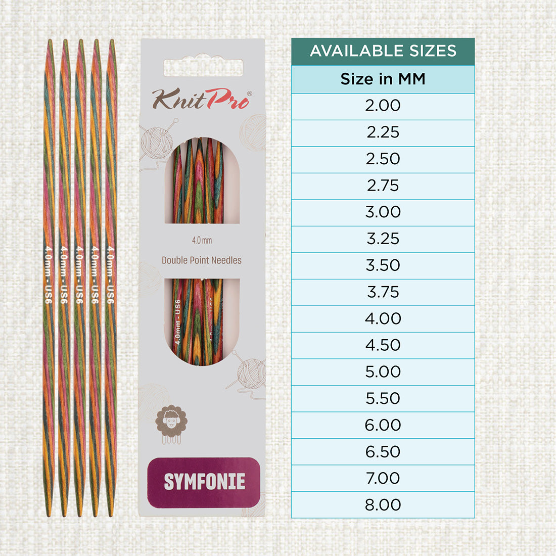 Set of 5 KnitPro Symfonie 4.00mm wooden double pointed needles