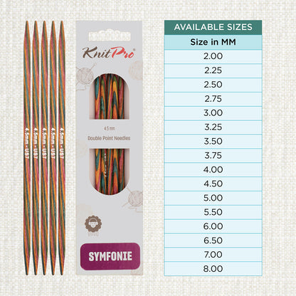 Set of 5 KnitPro Symfonie multi-coloured wooden double-pointed knitting needles, 4.5mm