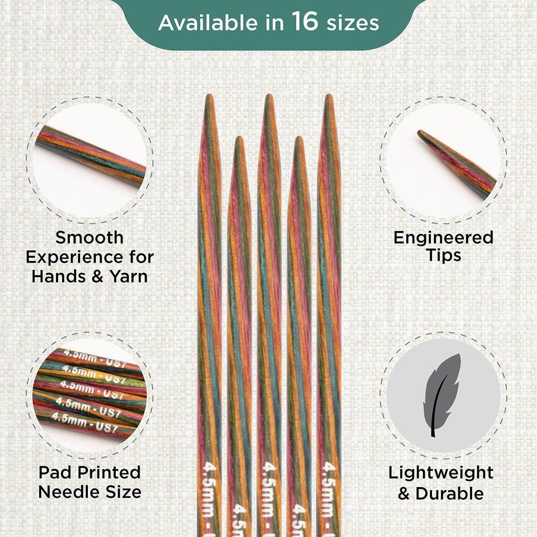 Set of 5 KnitPro Symfonie multi-coloured wooden double-pointed knitting needles, 4.5mm