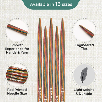 Set of 5 KnitPro Symfonie multi-coloured wooden double-pointed knitting needles, 4.5mm
