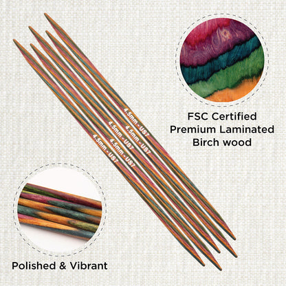 Set of 5 KnitPro Symfonie multi-coloured wooden double-pointed knitting needles, 4.5mm