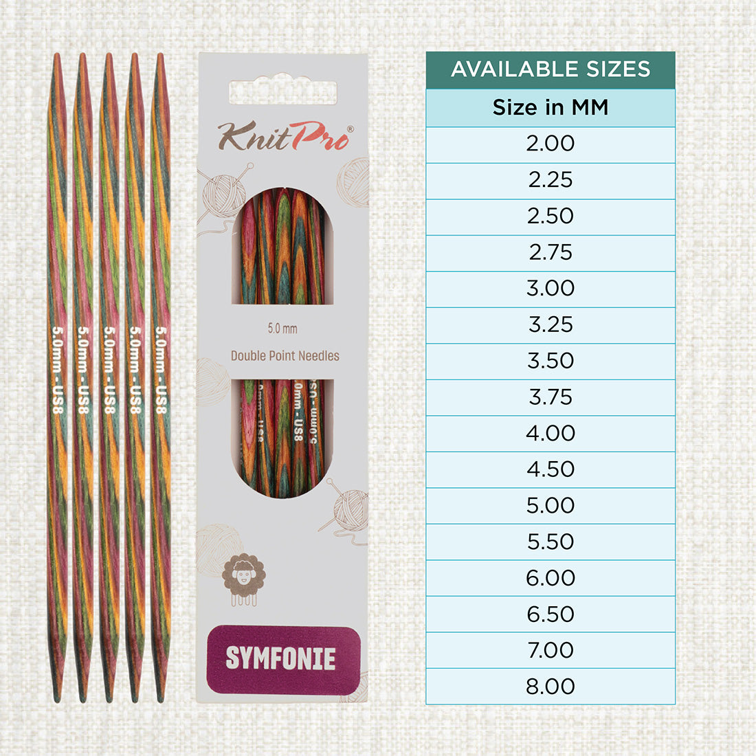 Set of 5 KnitPro Symfonie multi-coloured wooden double-pointed knitting needles, 5mm