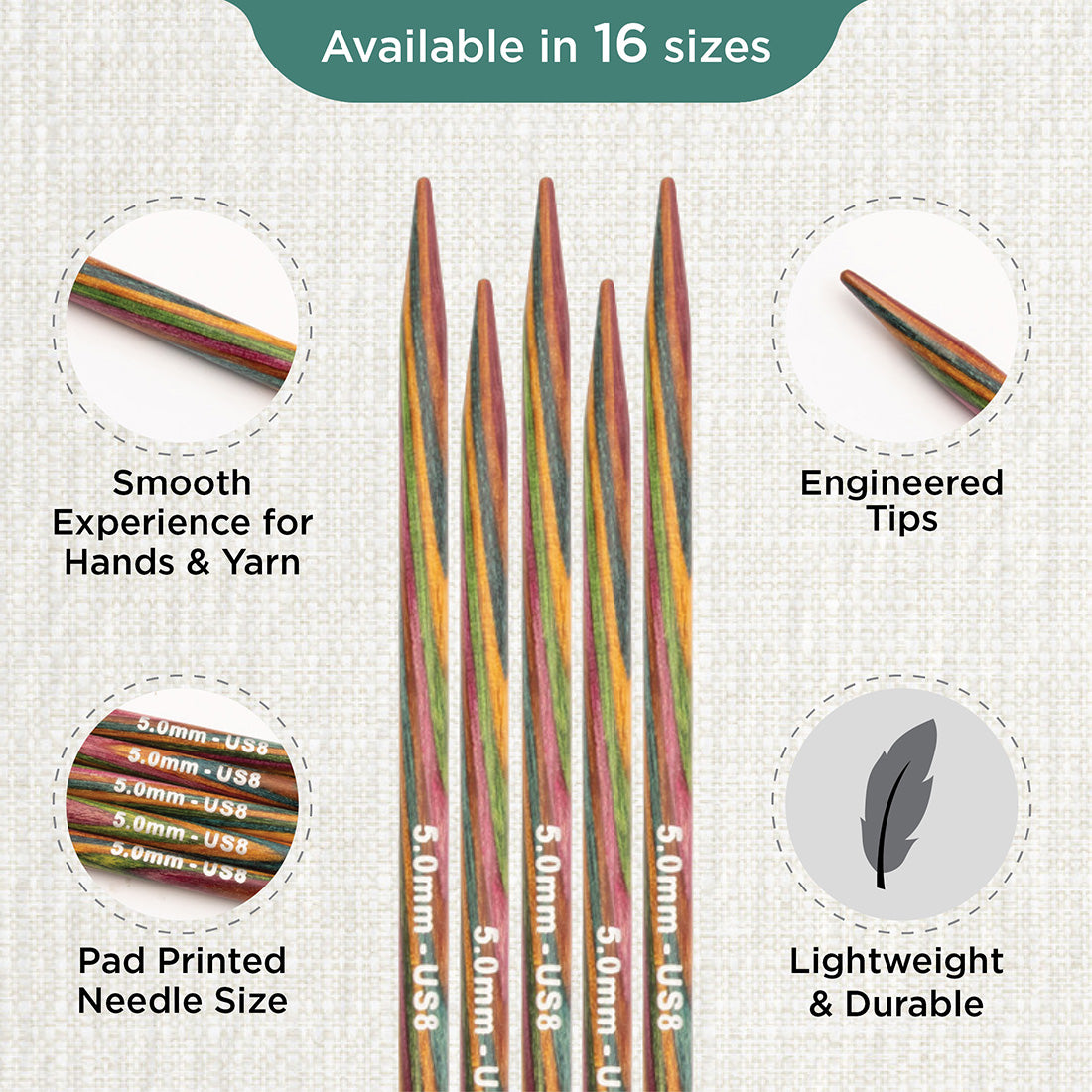 Set of 5 KnitPro Symfonie multi-coloured wooden double-pointed knitting needles, 5mm
