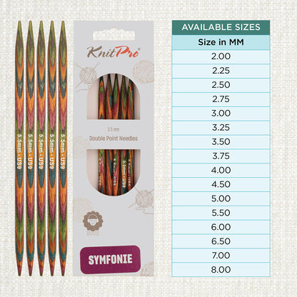 Set of 5 KnitPro Symfonie multi-coloured wooden double-pointed knitting needles, 5.5mm