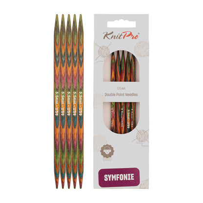 Set of 5 KnitPro Symfonie multi-coloured wooden double-pointed knitting needles, 5.5mm