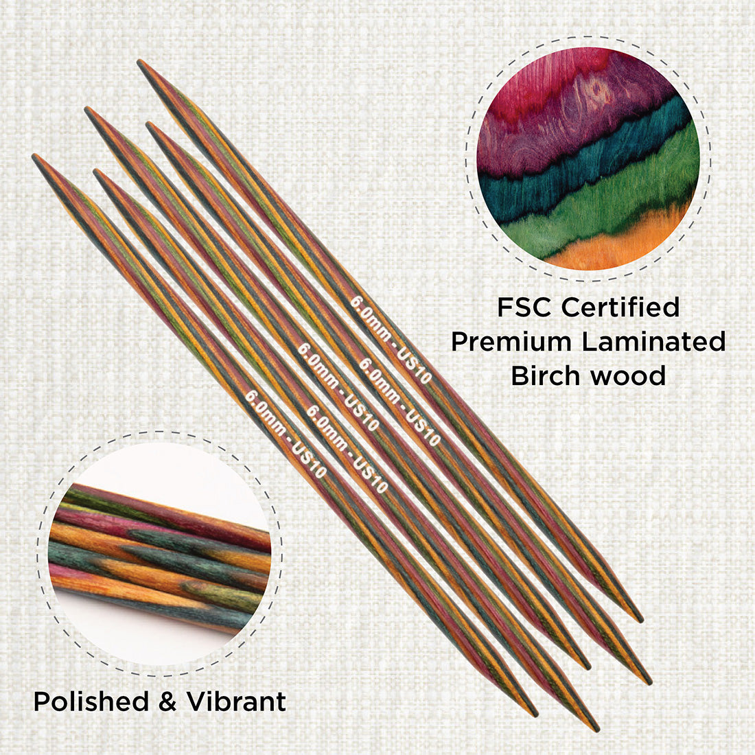 Set of 5 KnitPro Symfonie multi-coloured wooden double-pointed knitting needles, 6mm