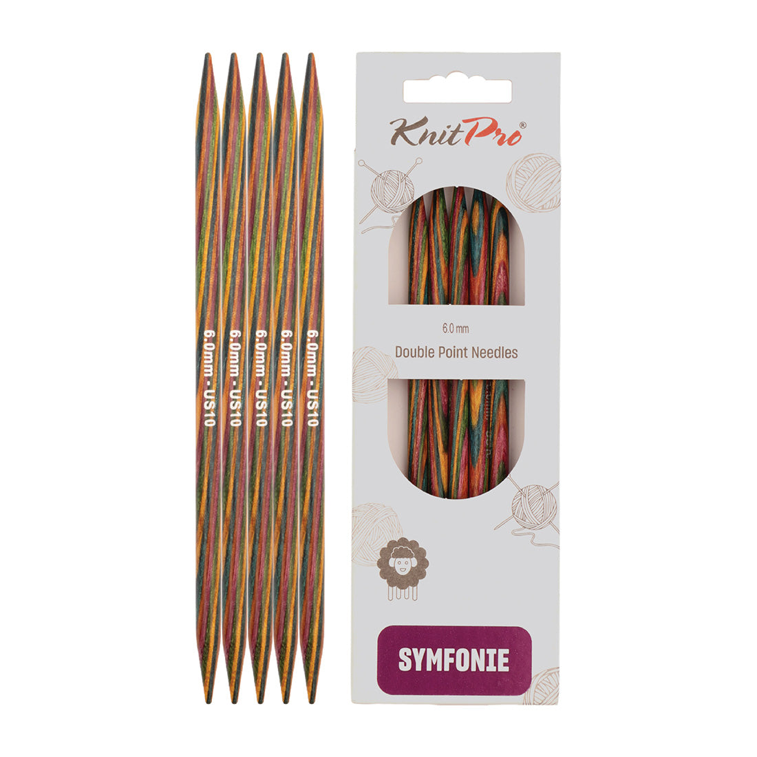 Set of 5 KnitPro Symfonie multi-coloured wooden double-pointed knitting needles, 6mm