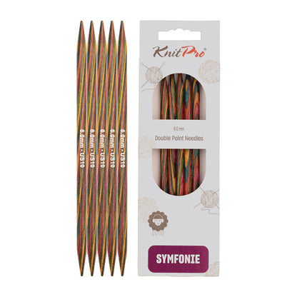 Set of 5 KnitPro Symfonie multi-coloured wooden double-pointed knitting needles, 6mm