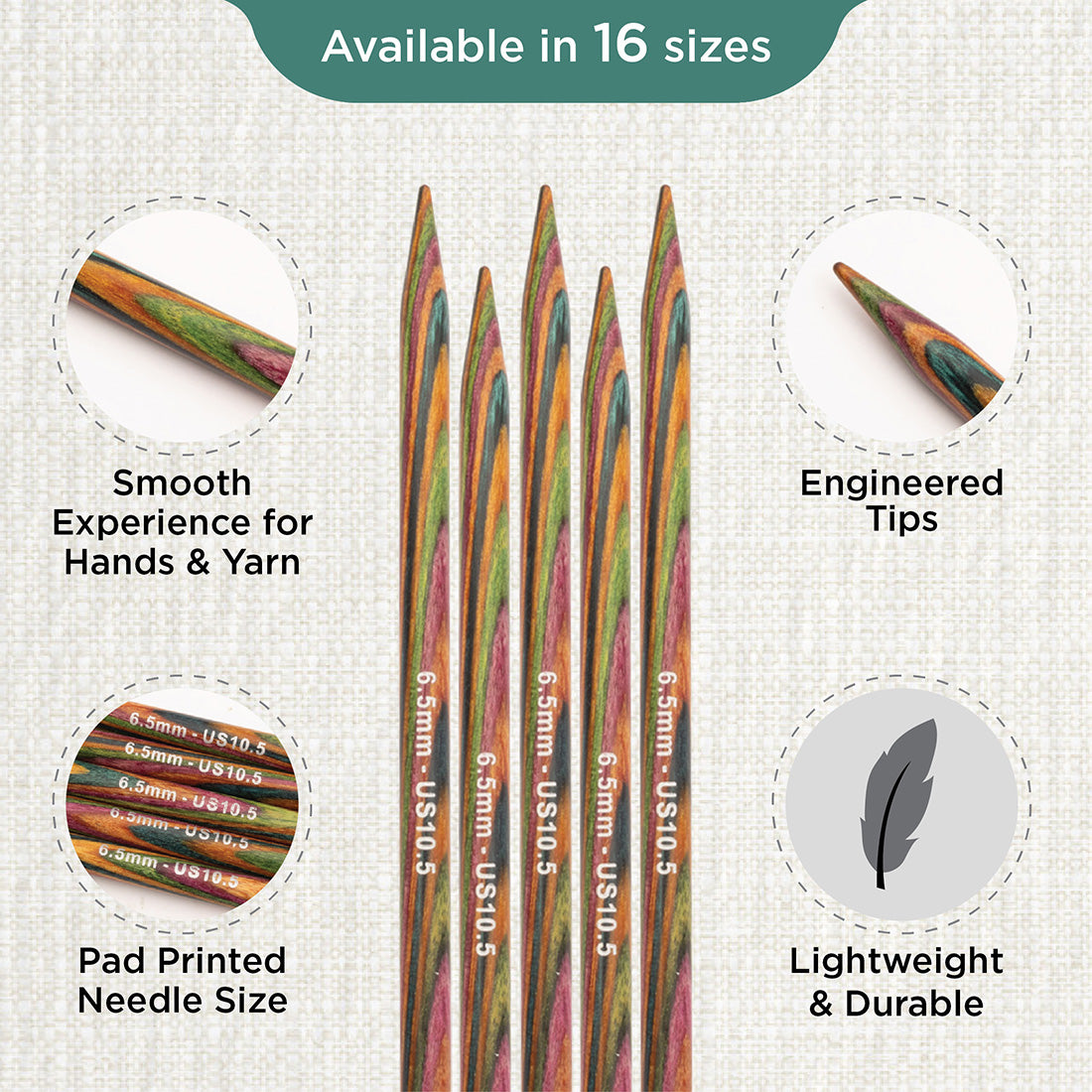Set of 5 KnitPro Symfonie multi-coloured wooden double-pointed knitting needles, 6.5mm