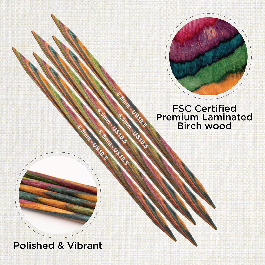 Set of 5 KnitPro Symfonie multi-coloured wooden double-pointed knitting needles, 6.5mm