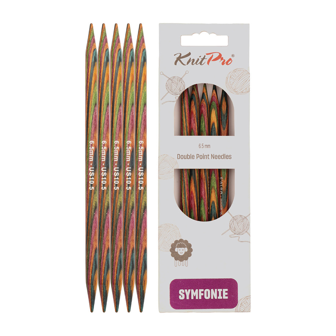 Set of 5 KnitPro Symfonie multi-coloured wooden double-pointed knitting needles, 6.5mm