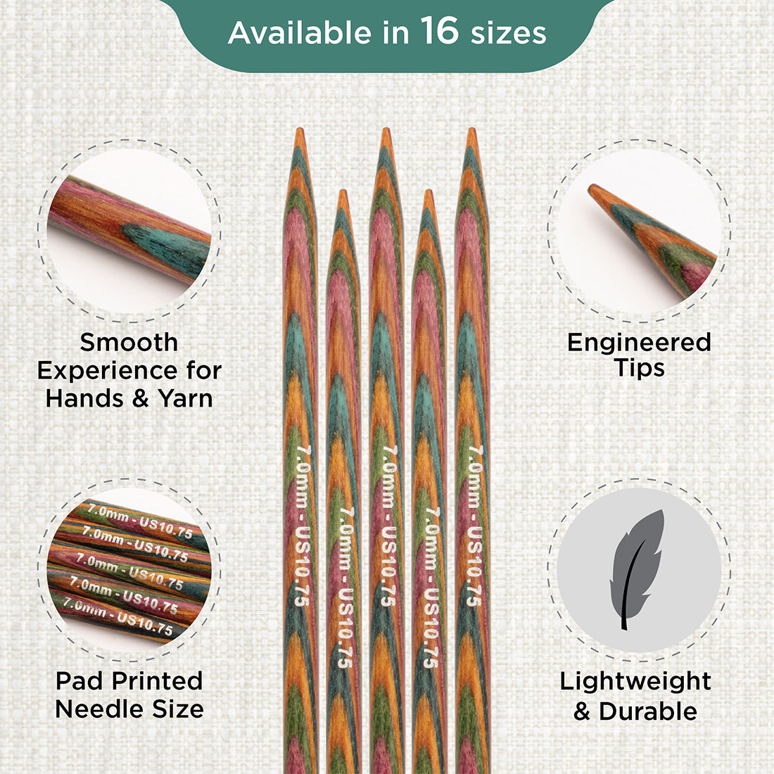 Set of 5 KnitPro Symfonie multi-coloured wooden double-pointed knitting needles, 7mm