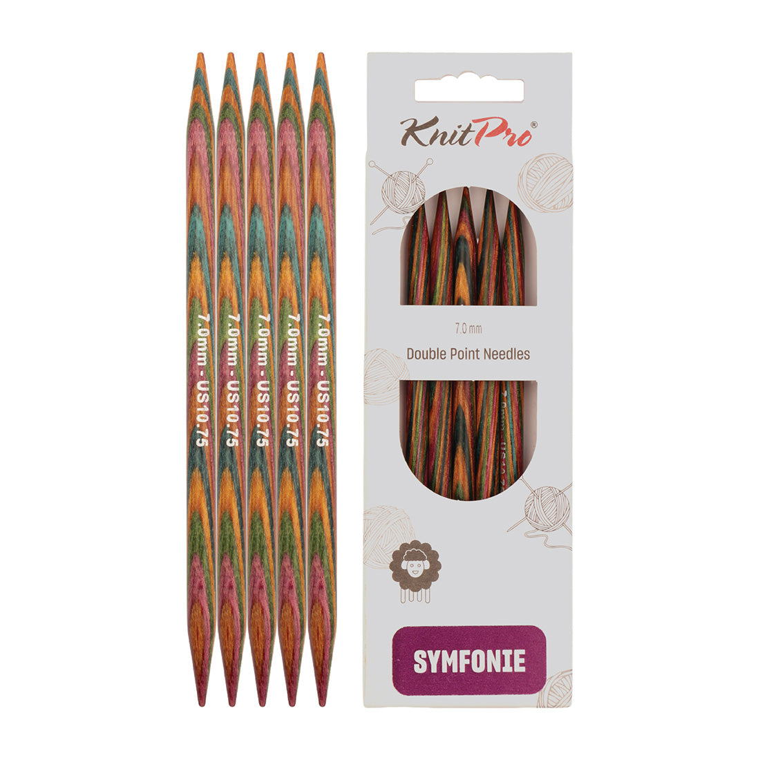 Set of 5 KnitPro Symfonie multi-coloured wooden double-pointed knitting needles, 7mm