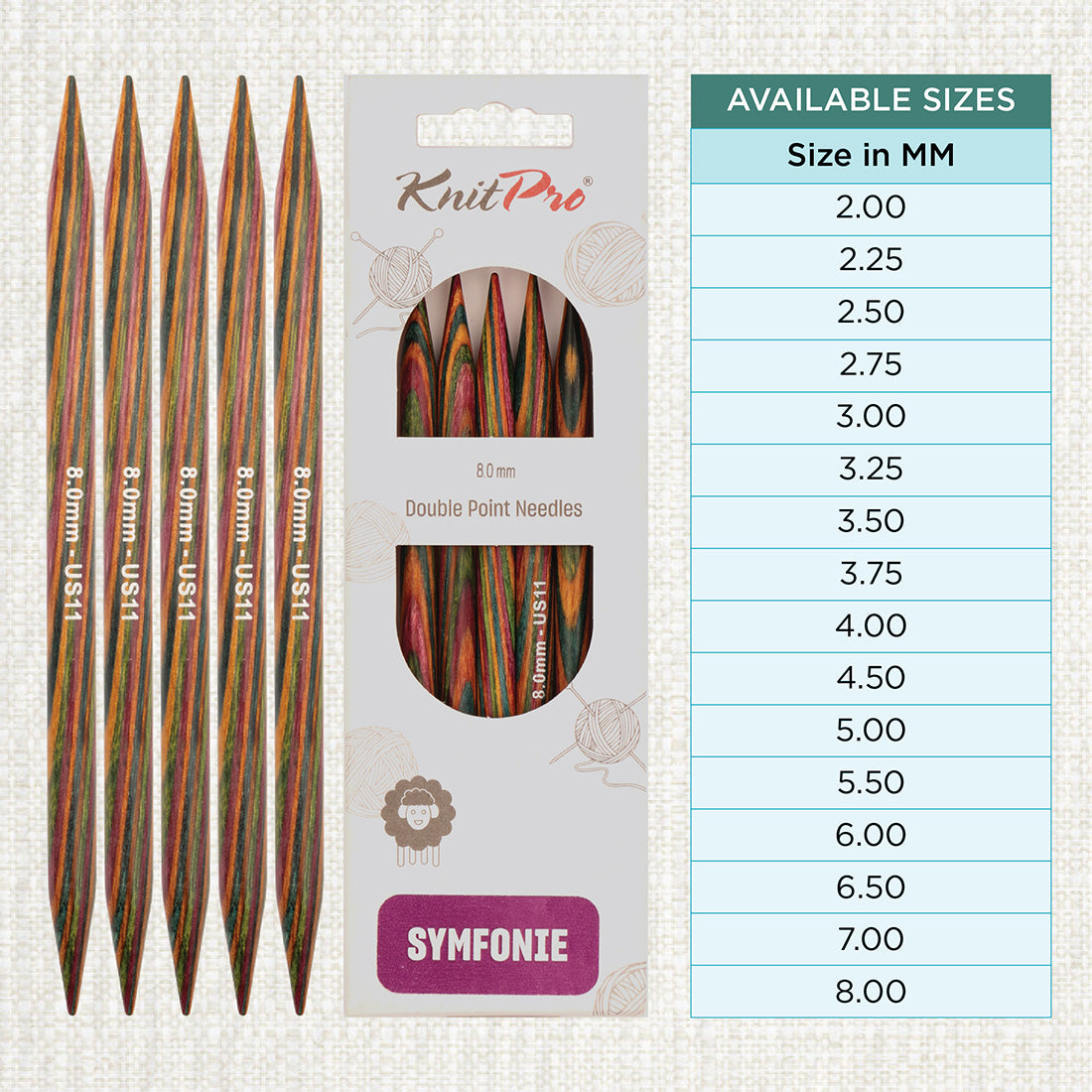 Set of 5 KnitPro Symfonie multi-coloured wooden double-pointed knitting needles, 8mm