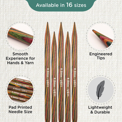 Set of 5 KnitPro Symfonie multi-coloured wooden double-pointed knitting needles, 8mm