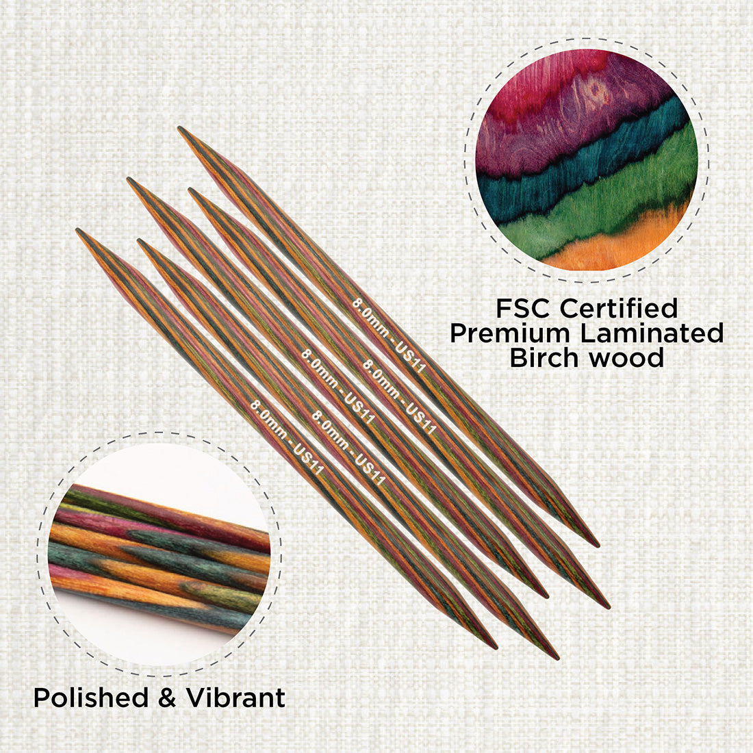 Set of 5 KnitPro Symfonie multi-coloured wooden double-pointed knitting needles, 8mm