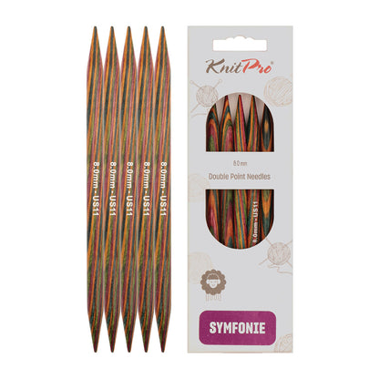 Set of 5 KnitPro Symfonie multi-coloured wooden double-pointed knitting needles, 8mm