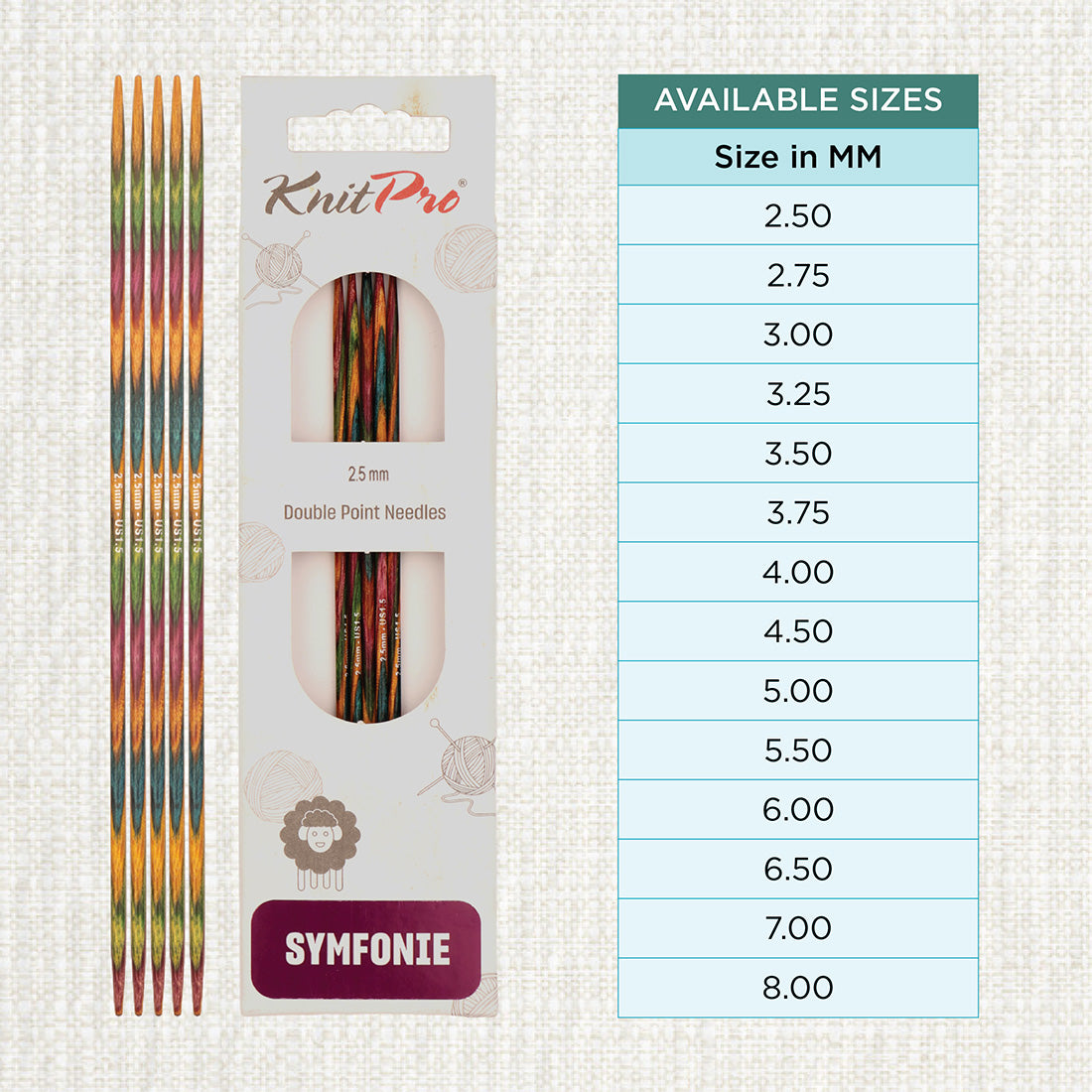 Set of 5 KnitPro Symfonie multi-coloured wooden double-pointed knitting needles, 2.5mm