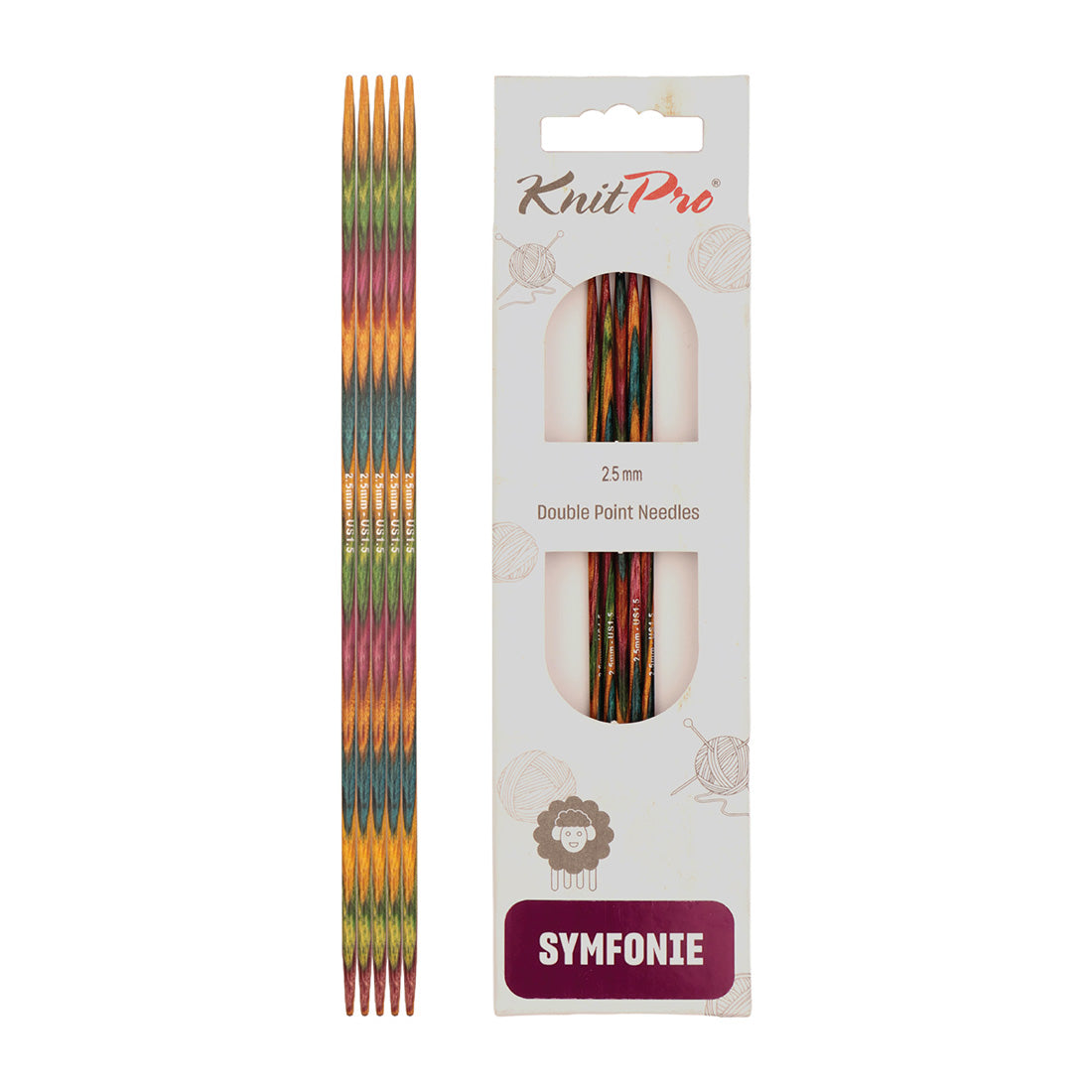 Set of 5 KnitPro Symfonie multi-coloured wooden double-pointed knitting needles, 2.5mm