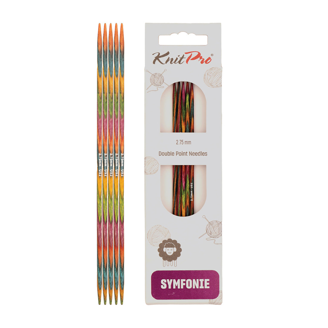 Set of 5 KnitPro Symfonie multi-coloured wooden double-pointed knitting needles, 2.75mm
