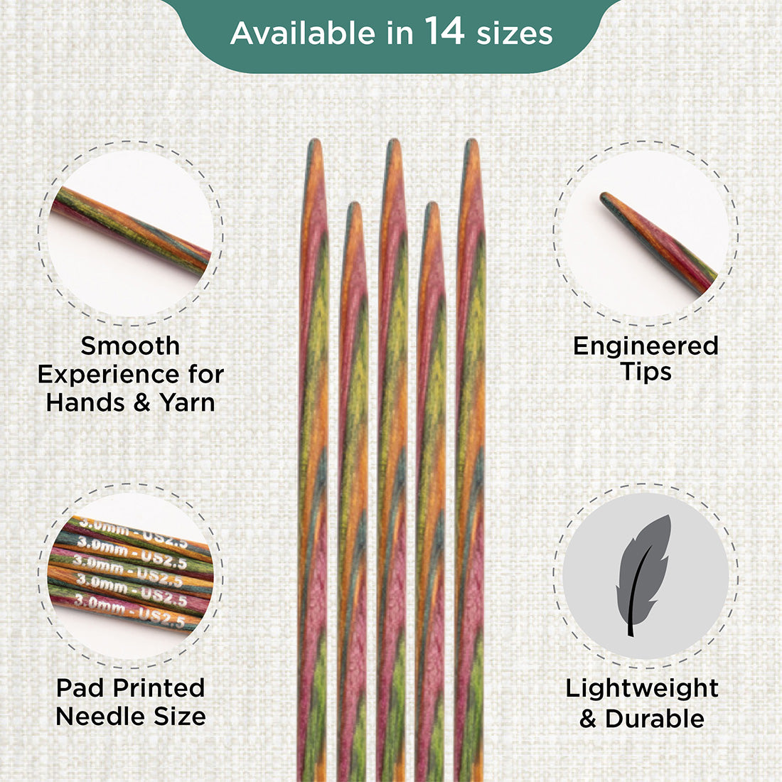 Set of 5 KnitPro Symfonie multi-coloured wooden double-pointed knitting needles, 3mm