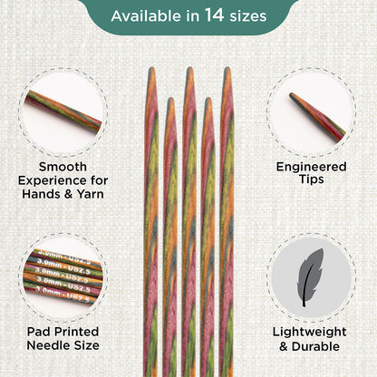 Set of 5 KnitPro Symfonie multi-coloured wooden double-pointed knitting needles, 3mm