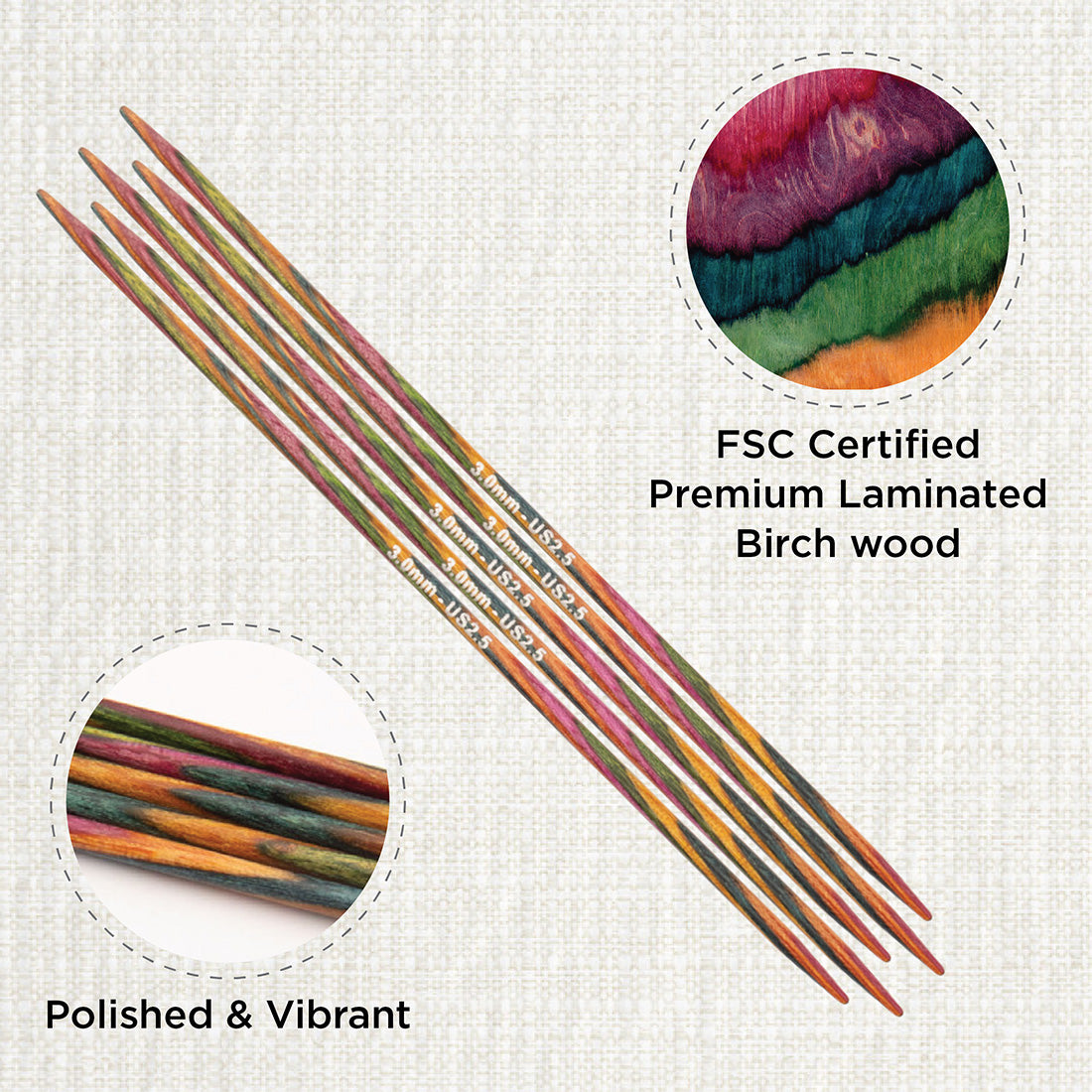 Set of 5 KnitPro Symfonie multi-coloured wooden double-pointed knitting needles, 3mm