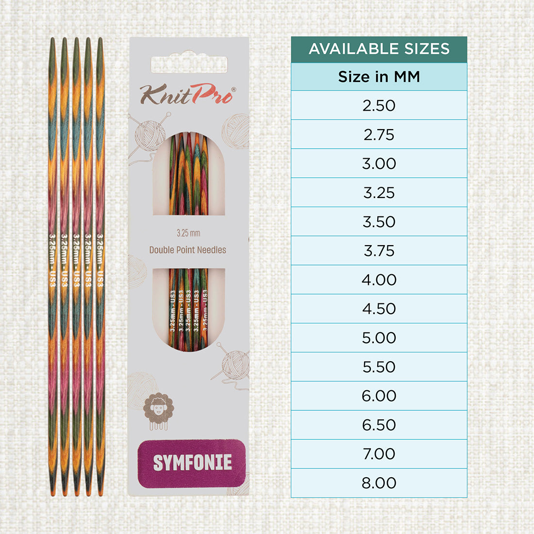 Set of 5 KnitPro Symfonie multi-coloured wooden double-pointed knitting needles, 3.25mm