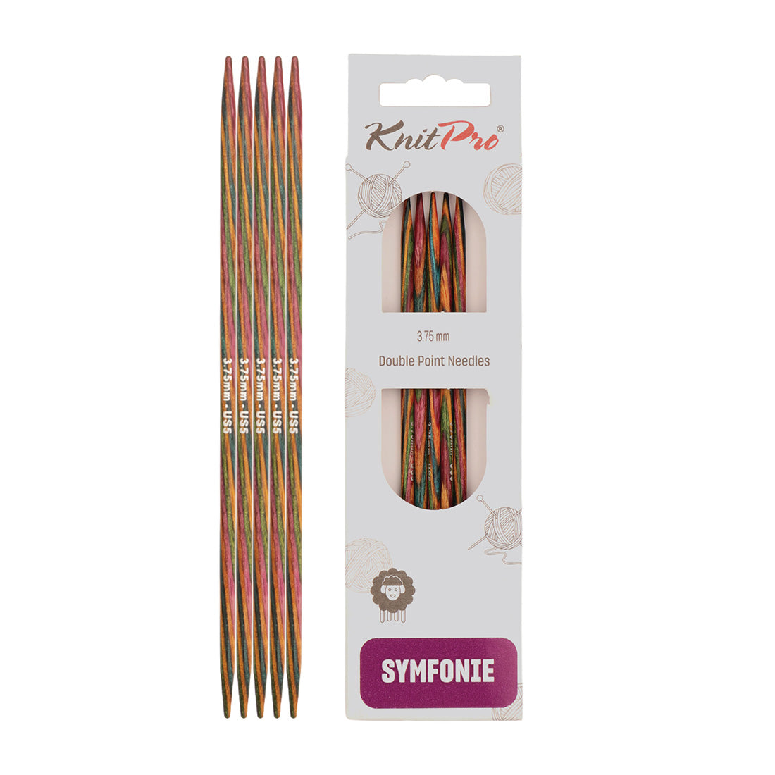 Set of 5 KnitPro Symfonie multi-coloured wooden double-pointed knitting needles, 3.75mm