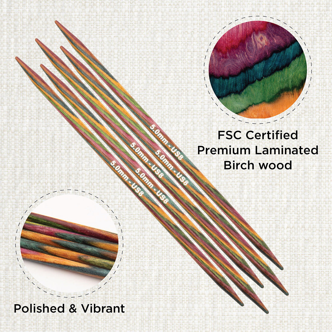 Set of 5 KnitPro Symfonie multi-coloured wooden double-pointed knitting needles, 5mm
