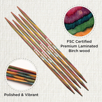 Set of 5 KnitPro Symfonie multi-coloured wooden double-pointed knitting needles, 5mm