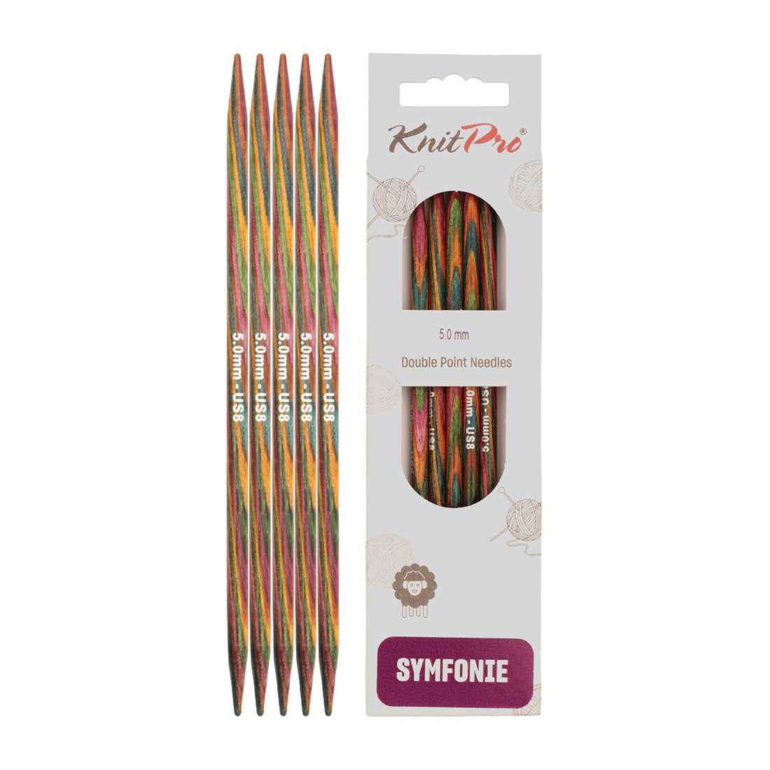 Set of 5 KnitPro Symfonie multi-coloured wooden double-pointed knitting needles, 5mm