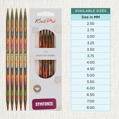 Set of 5 KnitPro Symfonie multi-coloured wooden double-pointed knitting needles, 5.5mm