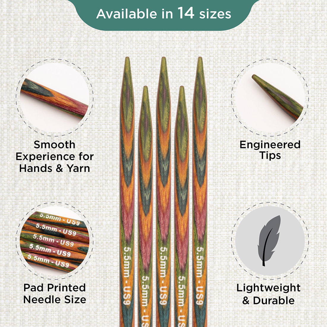 Set of 5 KnitPro Symfonie multi-coloured wooden double-pointed knitting needles, 5.5mm