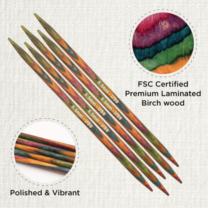 Set of 5 KnitPro Symfonie multi-coloured wooden double-pointed knitting needles, 5.5mm