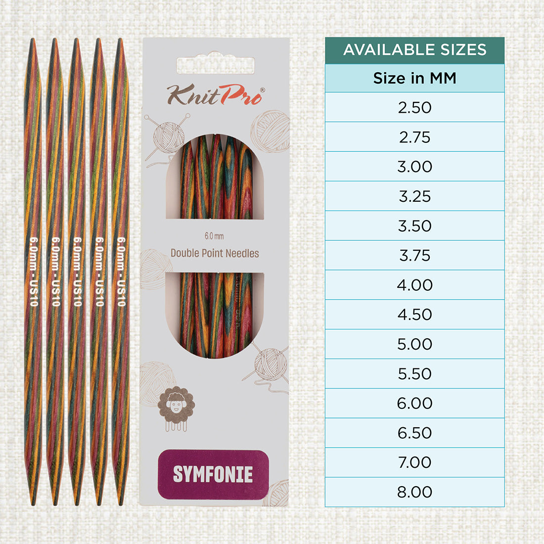 Set of 5 KnitPro Symfonie multi-coloured wooden double-pointed knitting needles, 6mm