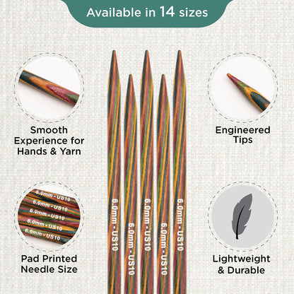 Set of 5 KnitPro Symfonie multi-coloured wooden double-pointed knitting needles, 6mm